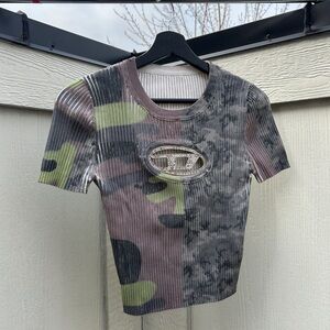 Diesel Camo Print Top With Rhinestones